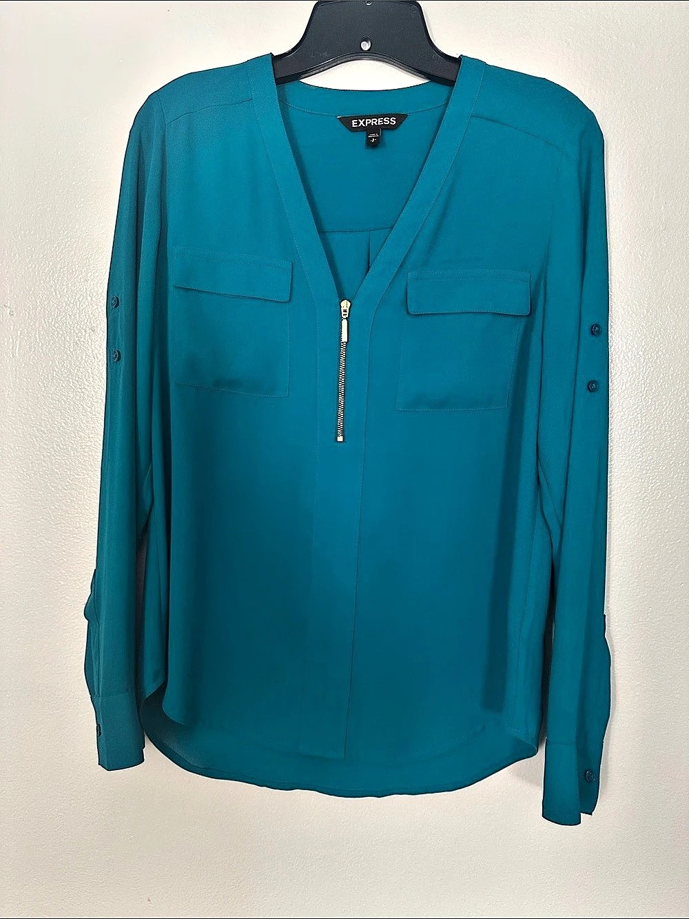 Express Zip Front Pocket Blouse in Blue Like New